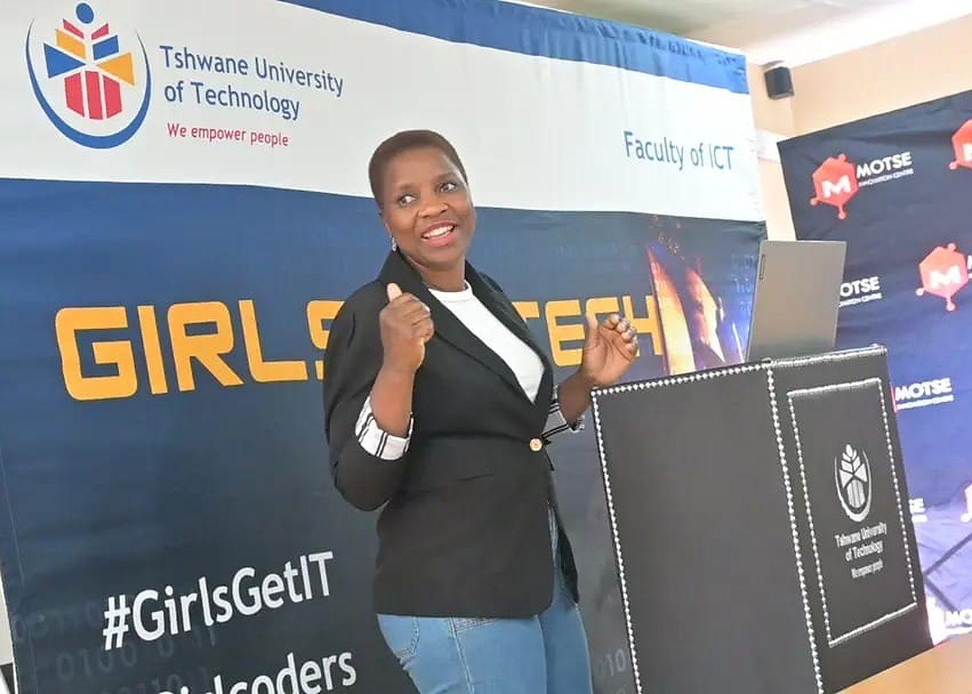 Esnath Hwerengwe, Founder of Top-Fin Services, speaking at the Girls in Tech programme hosted by the Faculty of ICT at Tshwane University of Technology