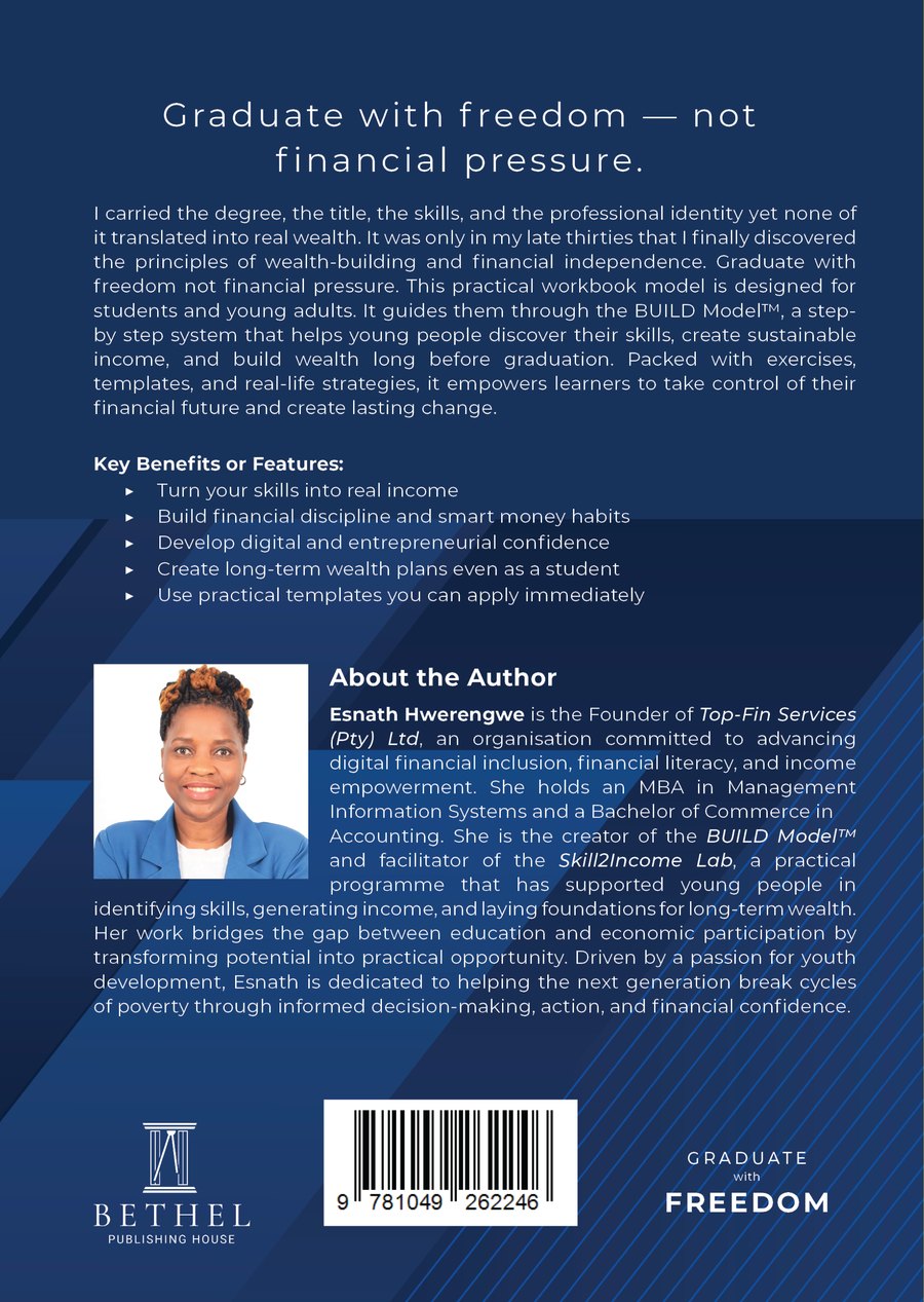 Back cover of the Graduate with Freedom workbook, showing the summary, key benefits and author biography